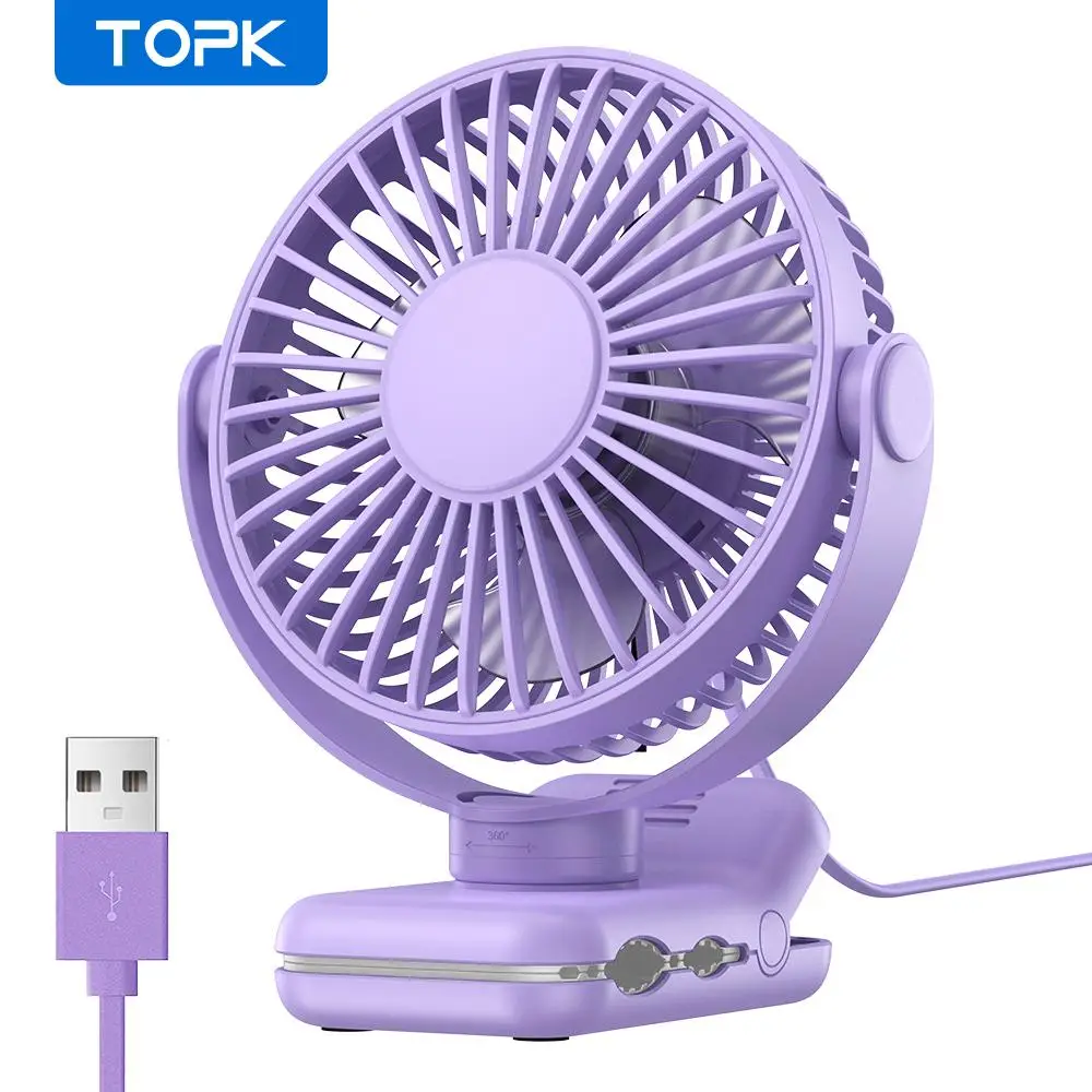 TOPK Mini Portable Clip on Fan, USB Powered Desk Fan, 3 Speeds Quiet Wind Rotatable Personal Electric Fan, Standup Fan for Room Home