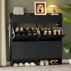 Shoe Storage Cabinet for Entryway, Farmhouse Wide Shoe Cabinet with 4 Flip Drawers and 2 Top Drawers, Freestanding Organizer with Adjustable Shelves, Hooks, and Anti-Tip Kit for Hallway