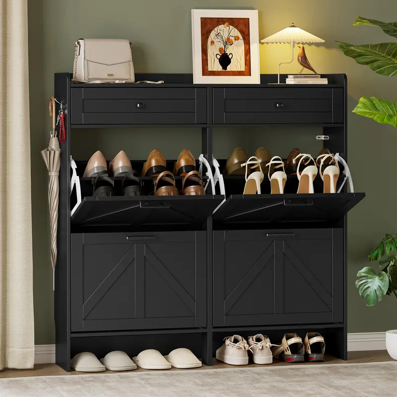 Farmhouse Wide Wood Shoe Storage Cabinet - Sturdy 9.25" Depth Freestanding Entryway Cupboard with 4 Flip Drawers White, 2 Top Drawers, Adjustable Shelves, Hooks, Dust-Safe Hidden Rack, Anti-Tip Wall Lock