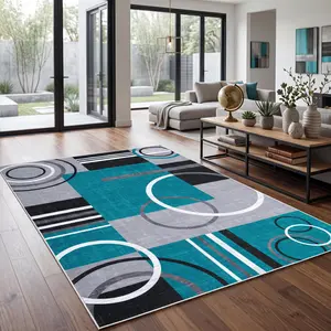 Area Rug Abstract Geometric Rugs for Living Room Washable Rugs for Bedroom Non Slip Non Shedding Floor Cover Stain Resistant Low Pile Throw Rug for Dining Room Nursery，Blue Green