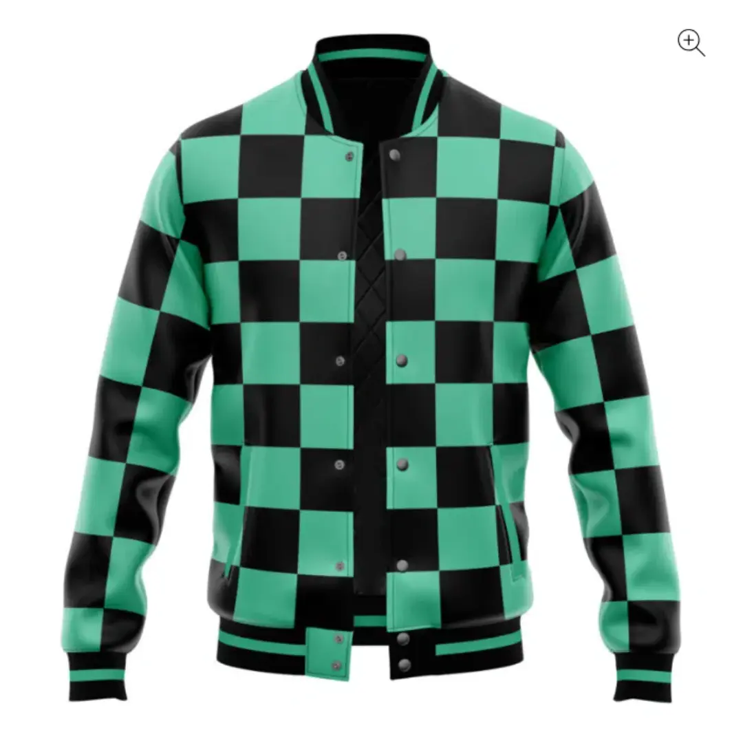 Tanjiro Kamado Green Black Checkered Varsity Jacket Anime Jacket, Demon Slayer Tanjiro Kamado Checkered Pattern Varsity Jacket
