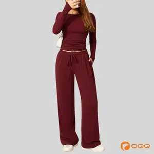 OQQ Women's Two Piece Sets For Women Fall Outfits Lounge Sets Round Neck Long Sleeve Tops Straight Pants Vacation Travel Outfits