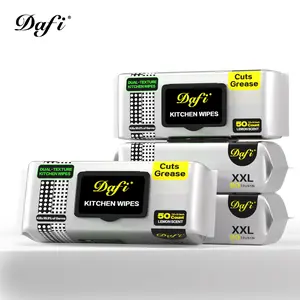 Dafi XXL Kitchen Cleaning Wipes - 200 Count (4 Packs), Heavy Duty Degreaser for Stovetops & Grills, Dual-Textured & Extra Large 7.9"x9.1", Lemon Scent,