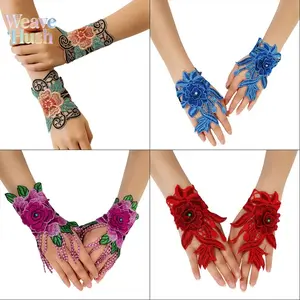 Elegant Hollow Out Lace Fingerless Gloves, 3D Stereo Floral Embroidery Sheer Mesh Gloves, Soft Breathable Slim Fit Half Finger Gloves, Vintage Romantic Dress Matching Gloves For Wedding Party Bridal Cosplay Daily Outdoor Fashion Decor