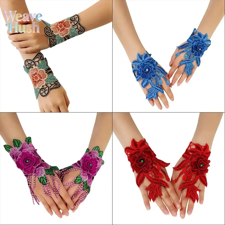 Elegant Hollow Out Lace Fingerless Gloves, 3D Stereo Floral Embroidery Sheer Mesh Gloves, Soft Breathable Slim Fit Half Finger Gloves, Vintage Romantic Dress Matching Gloves For Wedding Party Bridal Cosplay Daily Outdoor Fashion Decor