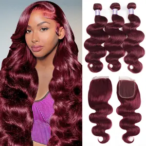 Allove 99J Burgundy Body Wave Bundles With Closure 4x4 Inch Human Hair Bundles With Closure Free Part Quick Weave Extensions