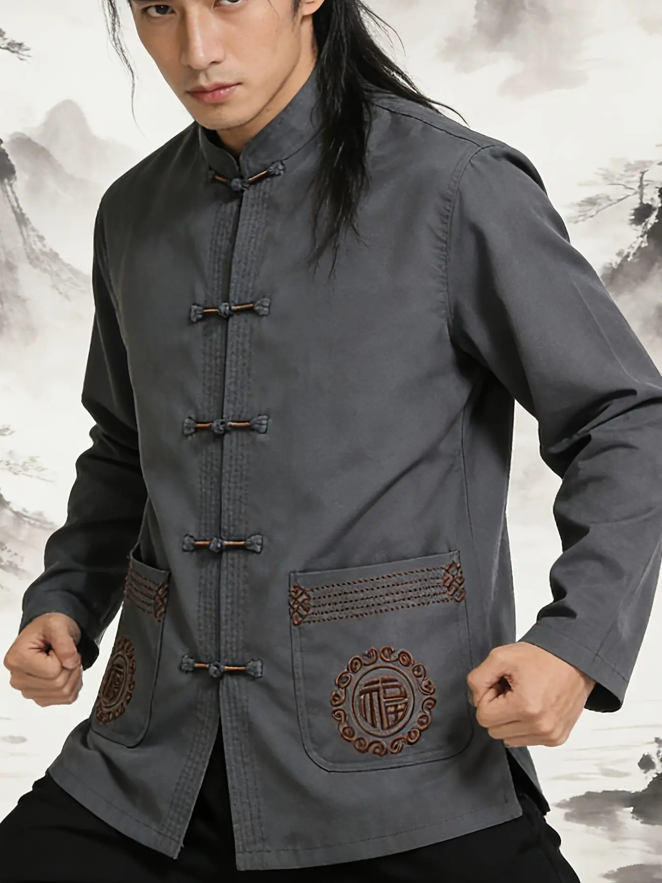New Style Traditional Tangzhuang Men's Top, Embroidered Blessing Character Stand Collar Shirt, Spring & Fall Casual Tai Chi Clothing, Menswear