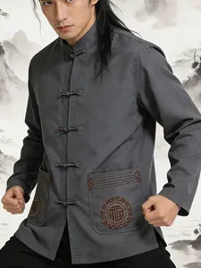 New Style Tangzhuang Men's Top, Embroidered Blessing Character Stand Collar Shirt, Spring & Fall Casual Tai Chi Clothing