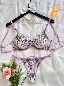 Women's Sexy Sheer Lace Floral Bra Set, Embroidered Bow Design, Criss Cross Style, Fitted Thin Fabric, All Seasons Comfortable Underwear Sets, Embroidery