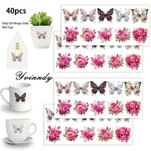 40Pcs/set Butterflies And Pink Flowers Iron On Stickers For Cup Be Waterproof UV DTF Printable Vinyl Paper Fun Designs Durable Construction Long-Lasting Adhesion Must-Have For Craft Enthusiasts Cups Mugs Sticker Sold Only Sticker Not Cup