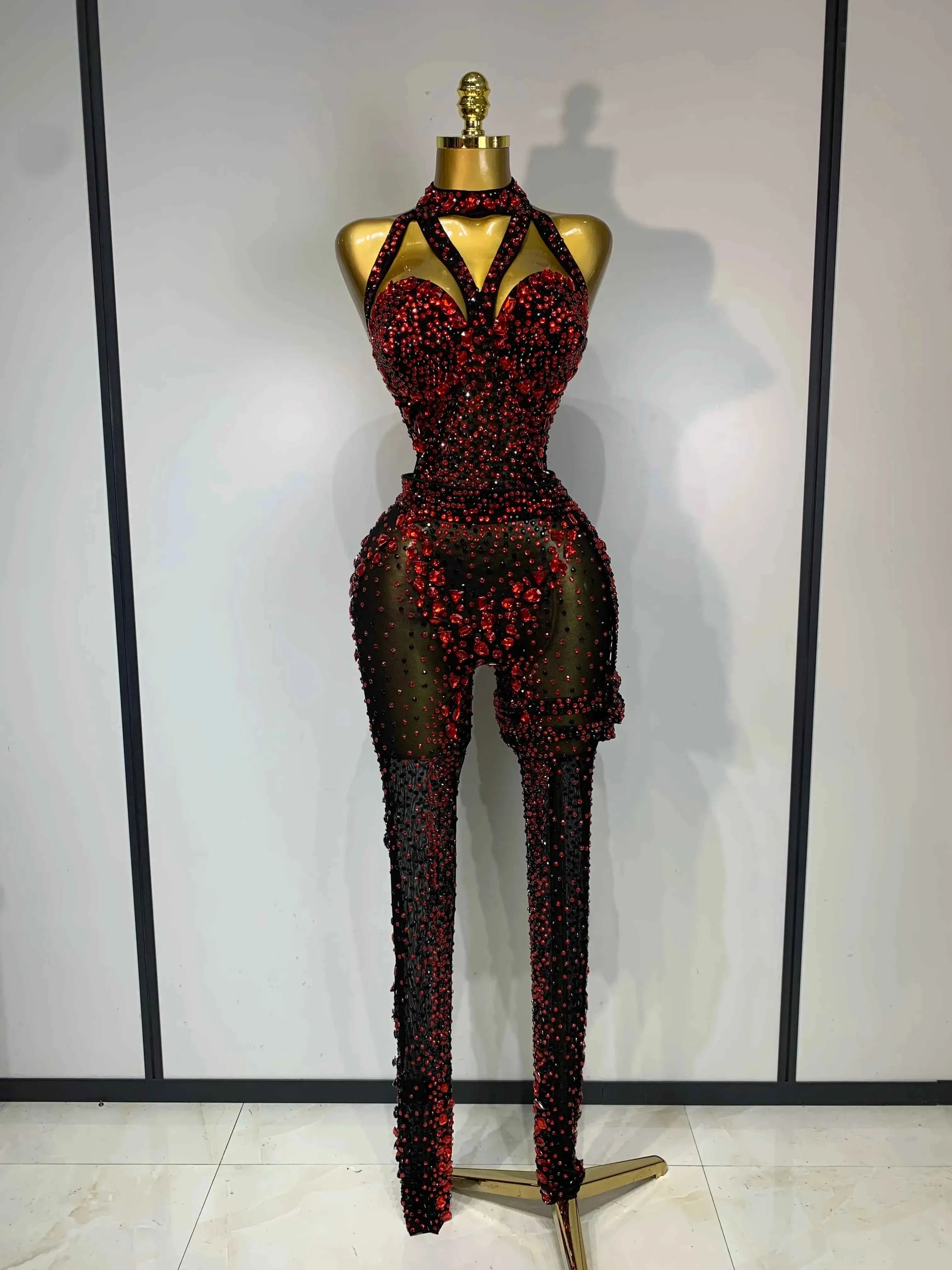 Women's Backless Bodycon Jumpsuit, Red Rhinestone Style with Sheer Mesh Panels, Lightweight Fit for Birthday Party, Nightclub, Comfortable, Elegant, Statement, Sexy, Black, Overalls, Fabric, Piece