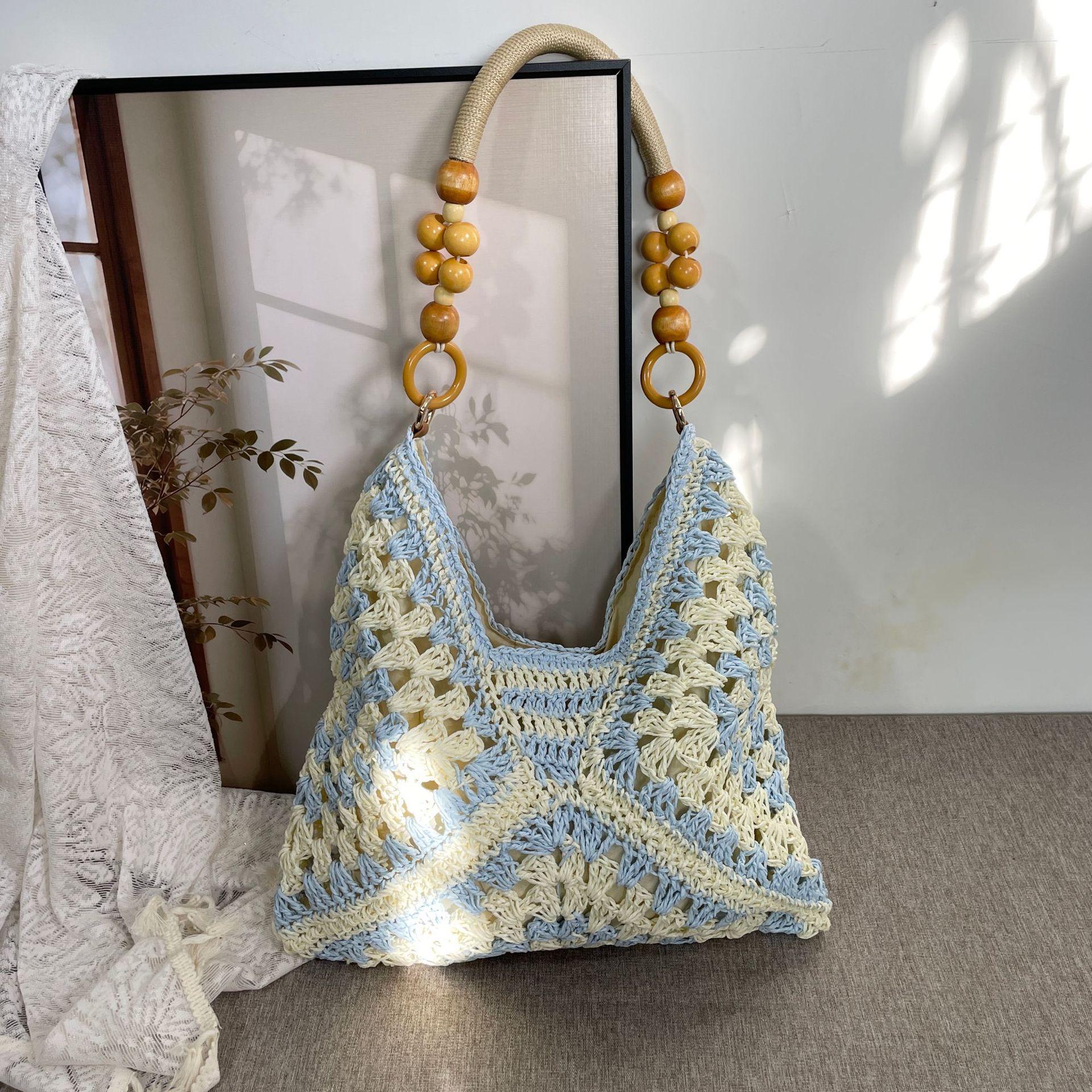 New Fashionable Handmade Woven Bag Versatile Paper Rope Crochet Straw Beach Shoulder Bag for Vacations and Summer Outings