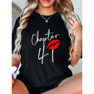 Women's Black T-Shirt Featuring "Chapter 41" & Red Lip Print, Ideal for 41st Birthday, Anniversary, Casual Outings & Daily Wear