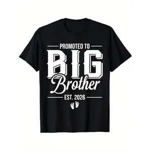 Big Brother Est T-Shirt for Family Matching Announcement, Black Casual Tee for Boys, Short Sleeve Round Neck, able Crew Neck Top, High-Quality Lounge Wear, Regular Fit, 180Gsm Gym Tee, Daily