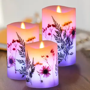 3PCs Flickering Flameless Candle, Moving Lamp Wick Candle with Timer and RGB Remote Control, Real Wax Candle Light Containing Dried Flowers, Led Columnar Candle