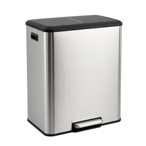 60L/16 Gallon Dual Compartment Kitchen Trash Can, Rectangular Stainless Steel Garbage Can with Foot Pedal, Removable Inner Buckets and Side Handles for Waste Sorting, Recycling Bin for Kitchen, Silver