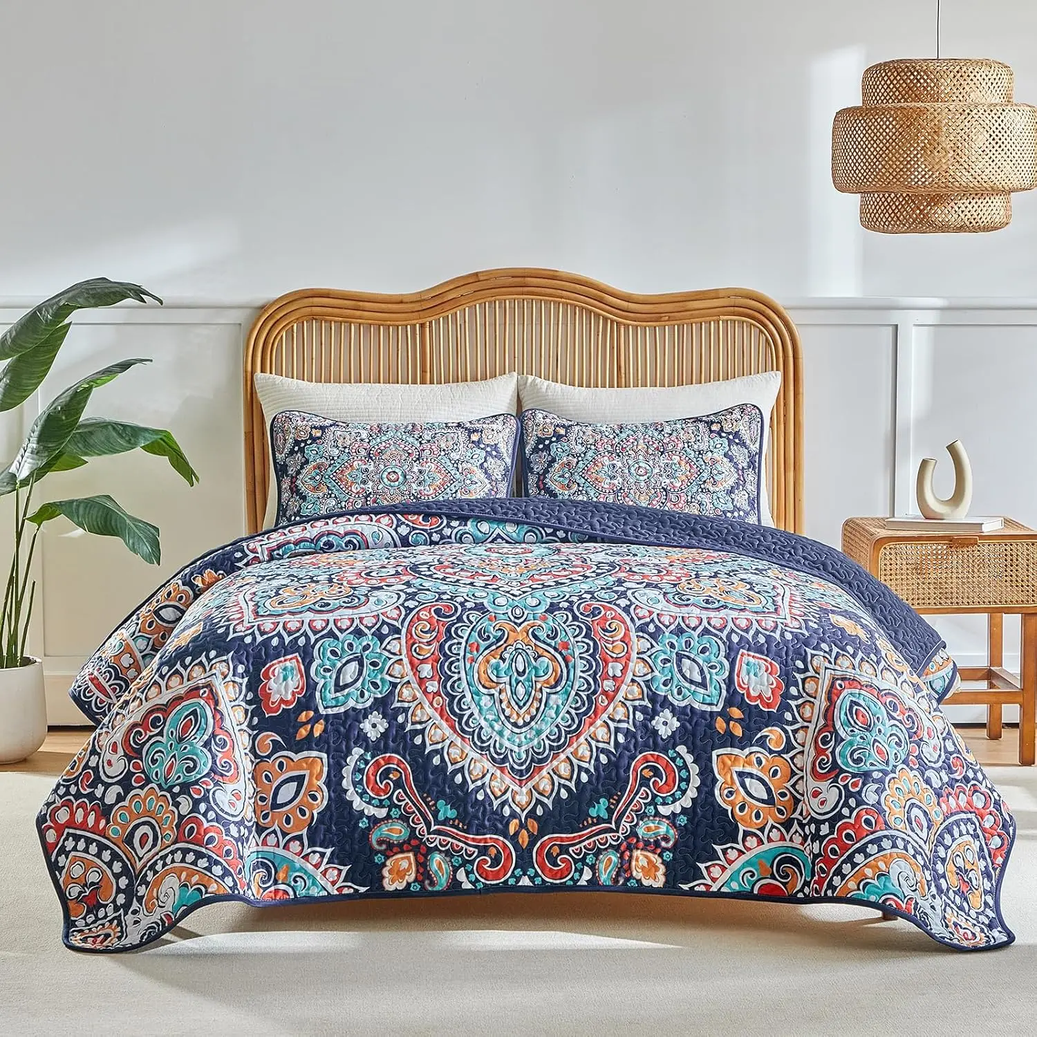 Boho Set Queen Size - Reversible Bohemian Bedding Set, 3 Pieces Colorful Lightweight Microfiber Bedspread Navy Blue Orange Paisley Coverlet Set with 2 Pillow Shams for All
