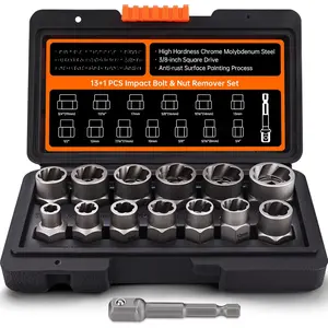Bolt Extractor Kit 13 count, Stripped Bolt Extractor Set, Impact Bolt Nut , Easy Out Remove Rusted, Frozen, Damaged, Rounded-Off Bolt Nut Screw, with Hex Drive, Cr-Mo Steel