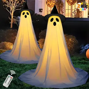 2 Packs 47'' Halloween Decorations Outdoor Standing Ghost, Light Up Spooky Ghost with Witch Hat & Remote Control, Glowing Halloween Decor for Yard Porch Lawn Garden Party Supplies Haunted House