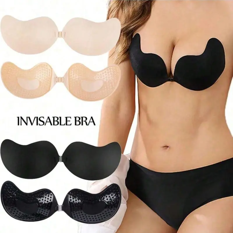 Multiple Sizes 2 Pieces Invisible Push-Up Bra No Back Strapless Bra Seamless Smooth Front Buckle Bra Lingerie Women's Self Adhesive Silicone (Black + Apricot Yellow), Backless, Womenswear Fitted, Strapless Sticky Push Up Bra