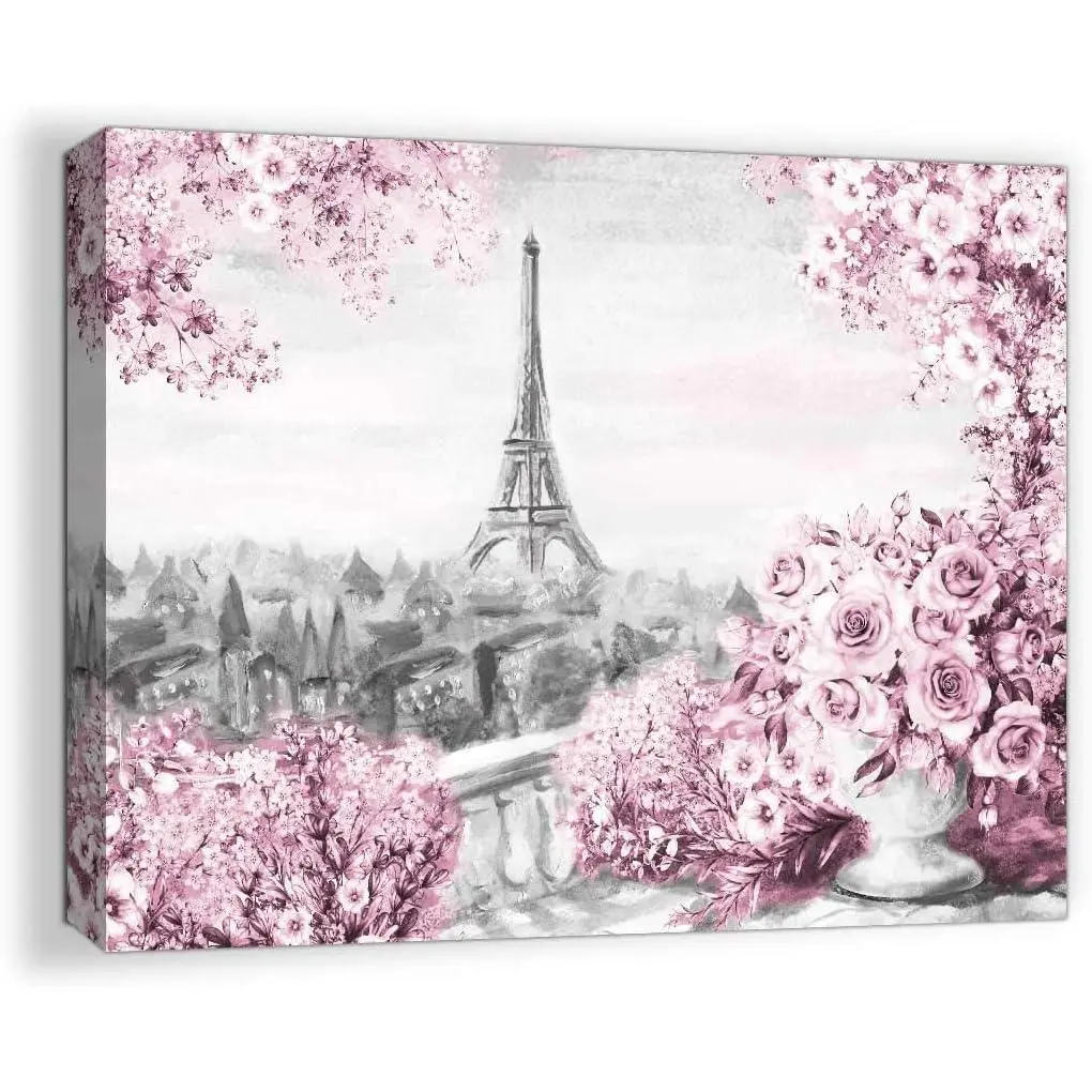 Blush Pink Paris Eiffel Tower Cherry Floral Canvas Poster - Lightweight Wood Framed/Unframed Hanging Artwork, Romantic Watercolor Pinterest Style Decor Inspo, Room Accessories for Bedroom