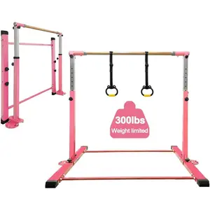 Gymnastics Bar for  Girls Ages 3-15 with Ring for  Indoor  Equipment- Steady Steel Construction, Anti-Slip, Easy to Assemble, 3' to 5' Adjustable Height
