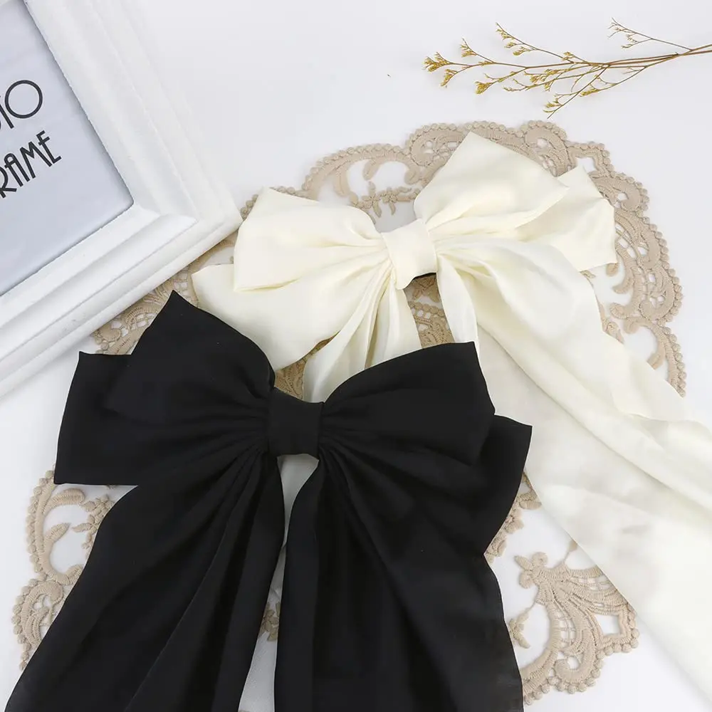 2-Piece Oversized Satin Bow Hair Clips, Fashionable Black and White Ribbon Barrettes with Long Flowing Tails, Soft Silky Hair Accessories for Women, Teens, and Girls