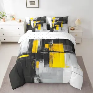 7 Pieces Geometric Comforter Set,Abstract Lattice Bedding Set for Kids Boys Girls Room Decor,Yellow Black Grey Bed in a Bag with Comforter,Fitted Sheet,Flat Sheet and Pillowcases