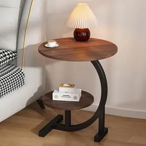 C Shape Round Coffee Tables for Living Room, 2 Tier Wood Faux Marble Small End Tables Sofa Side Tables with Metal Frame (Black, 24.4" H)