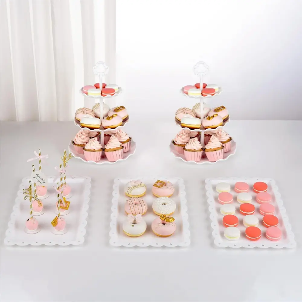 5 pcs Cake Stand Set 2 Pcs 3-Tier Dessert Display Stands & 3 Pcs Serving Tray Plastic Cupcake Stands for Tea Parties, Birthdays