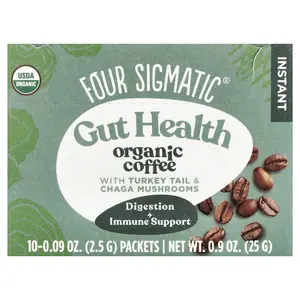 Four Sigmatic Gut Health, Organic Instant Coffee with Turkey Tail & Chaga Mushrooms, Medium Roast, 10 Packets, 0.09 oz (2.5 g)