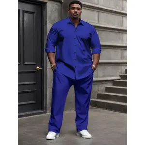 Men's Plus Size Casual Clothing Set - Solid Color, Long Sleeve Button Shirt and Pocket Pants, Stretch Fabric, Machine Washable, Plus Size