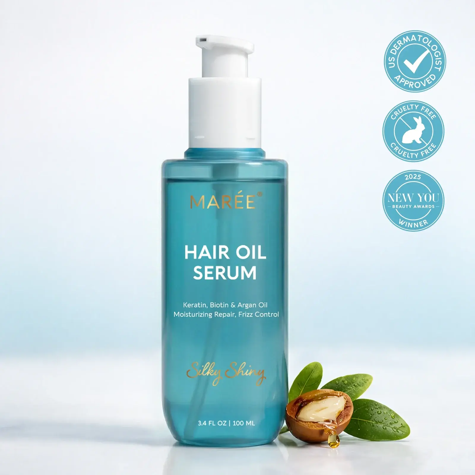 Hair Oil MARÉE – Argan Oil, Keratin & Biotin Hair Serum – Smooths, Hydrates & Adds Shine – Frizz Control for Dry & Damaged Hair – 3.4 fl oz