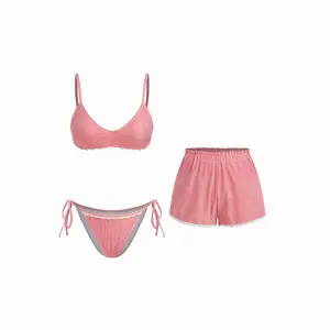 Cider V-neck Stripe Lace Trim Bracelet Bikini Set With Cover Up Shorts