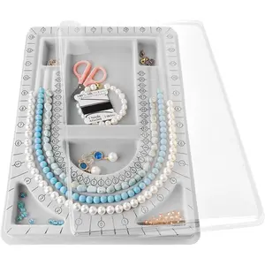 P-CPA02  The Bead Board with Clear Cover,Grey Flocked,6 Recessed Compartments,3 U-Shaped Channels,Design Boards for Jewelry Bracelet Necklace Making DIY