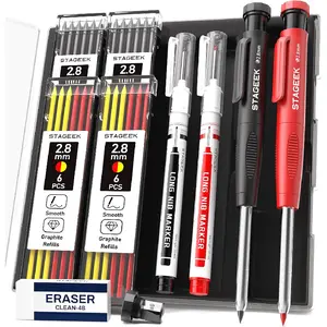 Woodworking pencil with sharpener, 2.8mm mechanical pencil set, includes 26 refills, waterproof deep-hole long-tip marking pencil, suitable for architect marking, heavy-duty woodworking tool, suitable for construction electricians
