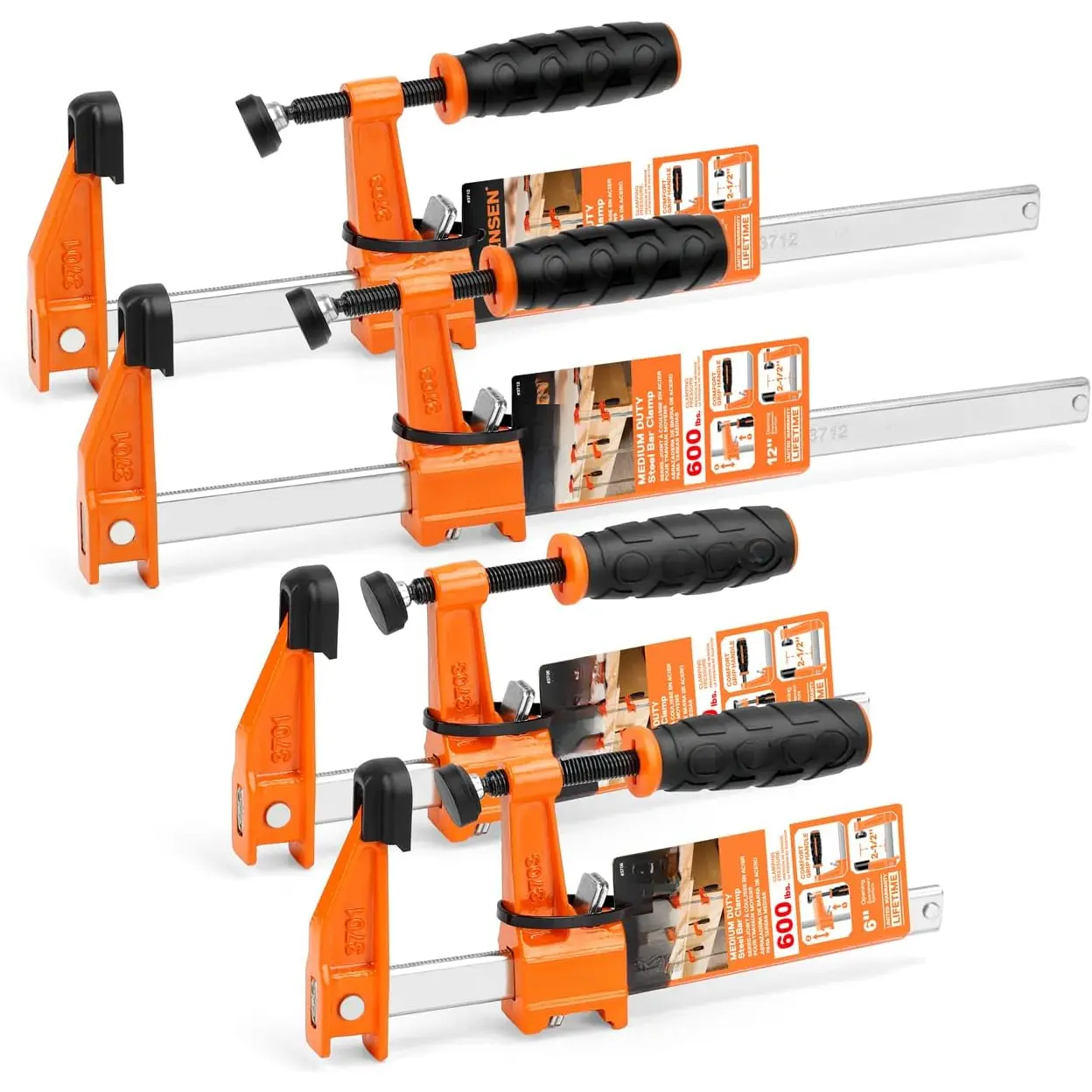 4-Pack Fast Acting Medium Duty F-Clamps Set - Durable, Rust Resistant Hardened Plated Steel Sliding Clamps, 6-in (2) & 12-in (2), 600 Lbs Load Limit, Soft & Durable Plastic Pads, for Woodworking Projects