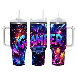 40oz Gamer Dragon Castle Neon Design Stainless Steel Tumbler， Tumbler with Handle and Straw Double Wall Vacuum Insulated Travel Mug， Coffee Cups With Lids， Perfect Gifts For Birthday Holidays.
