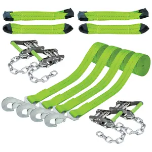 VULCAN 8-Point Vehicle Tie Down Kit with Snap Hook on Strap Ends and Chain Tail on Ratchet Ends - Set of 4 - Reflective High-Viz Suspension Truck