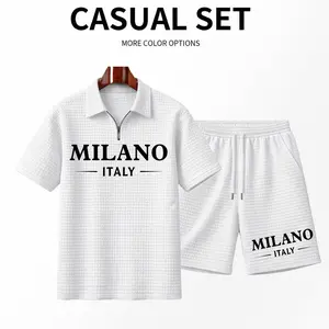 Men's Milan Italian Print Short-Sleeved Polo Shirt And Shorts Set, Made With Solid-Colored Textured Fabric, Breathable And Comfortable, Featuring A Classic Zippered Collar Design. A Stylish And Versatile Everyday Outfit.