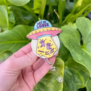 Raccoon UFO Badge Reel: Funny Alien Abduction Retractable ID Holder