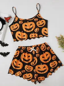 Women's Halloween Pumpkin Print and Skeleton Fitted Sleeveless Spaghetti Strap Vest Top & Shorts Lingerie Pajama Set, Fun and Comfortable Sleepwear Loungewear for Parties or Cozy Nights at Home