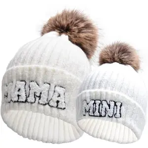 New parent-child brimless cap for mothers and mini embroidered knitted hat winter warm set ski cap (gift)