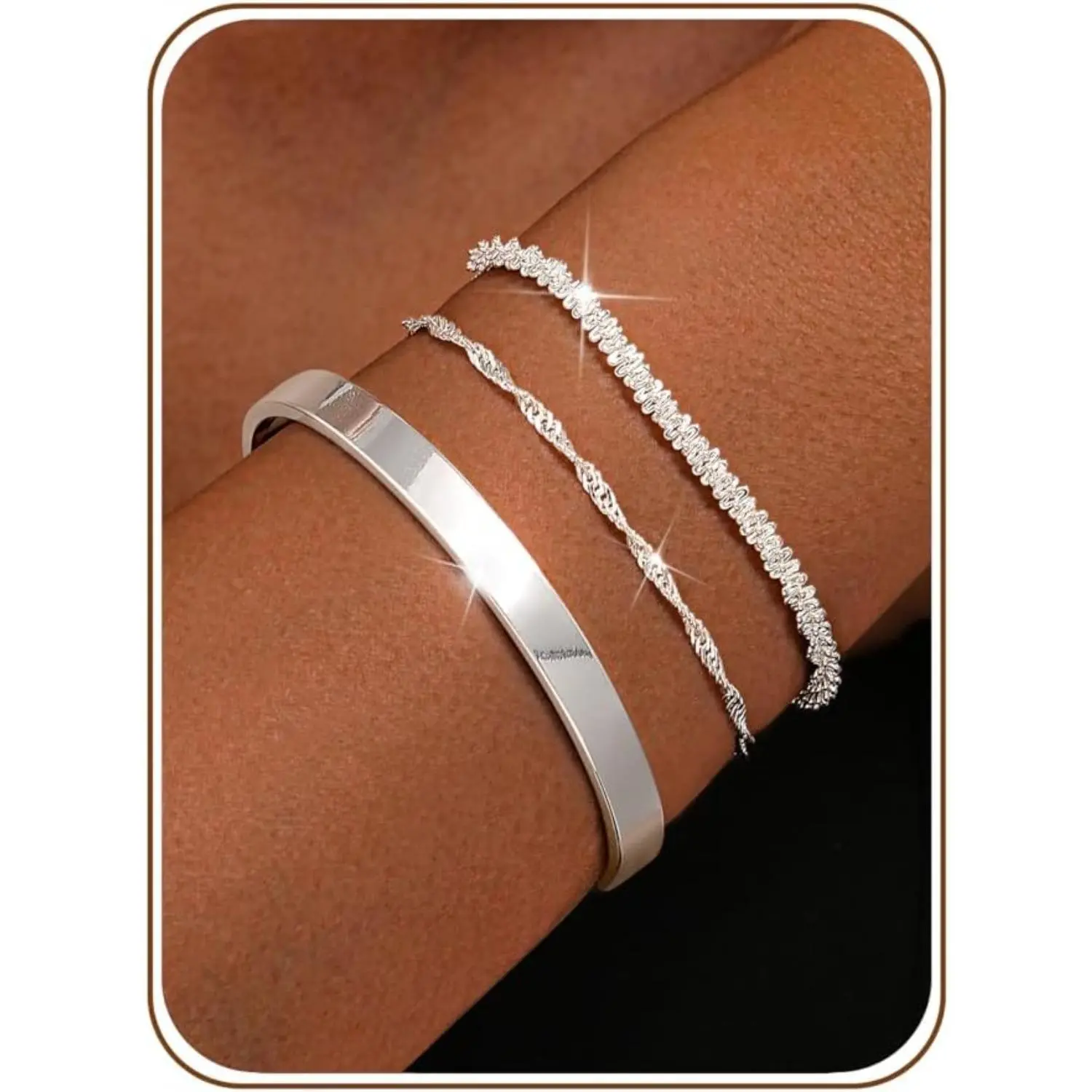 CASSIECA Women's 3Pcs Silver Adjustable Stackable Bracelets Set - Layered Chain Bangles with Gift Box, Ideal for Daily Wear & Summer Vibes to Create a Layered Look