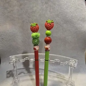 Strawberry Beadable Pens Set - Red & Green Pencils with Strawberry Bead Tops - Fun & Unique Design