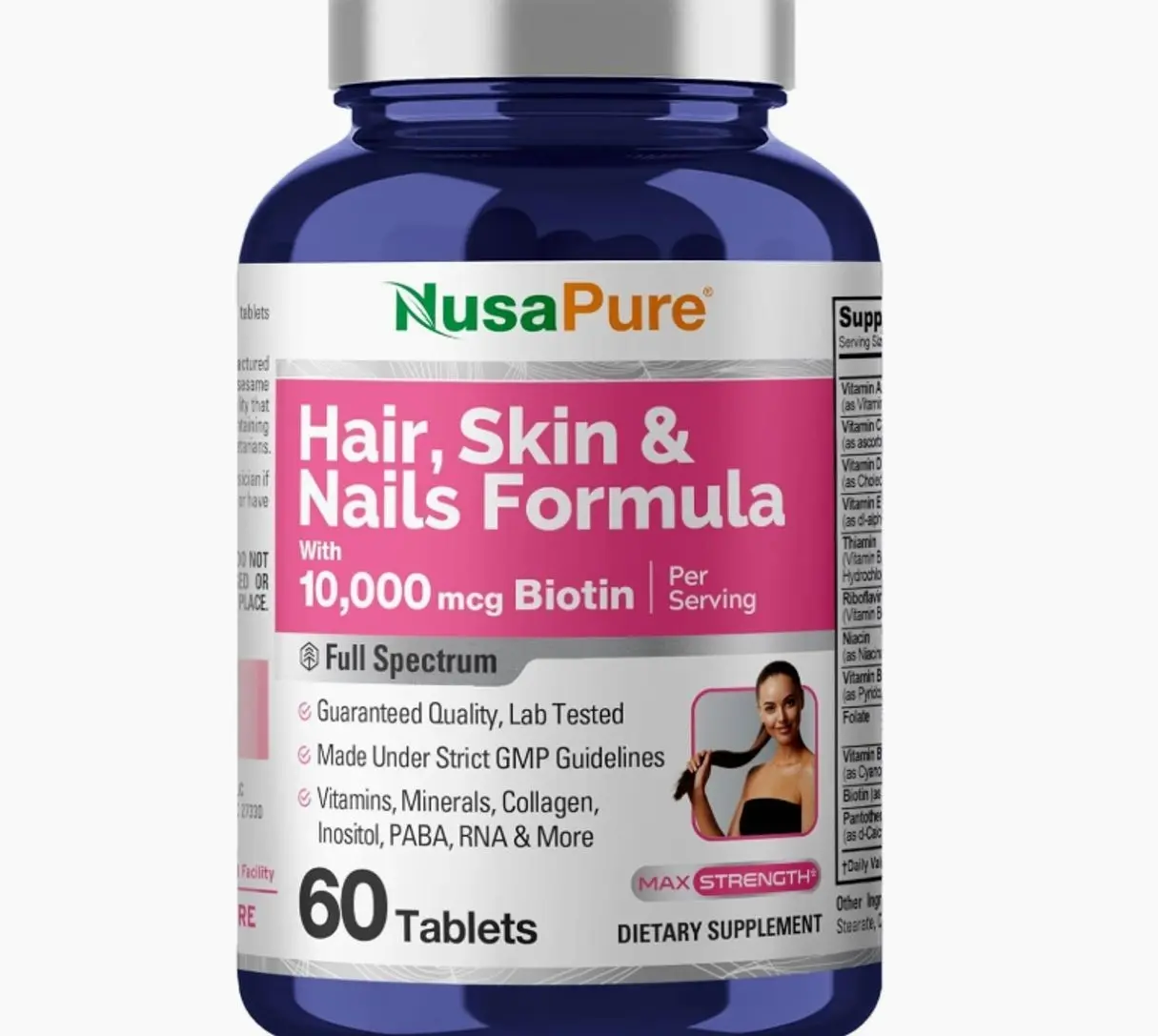 NusaPure Hair, Skin & Nails Formula with 10,000 mcg Biotin Per Serving 60 Tablets Vegetarian/Vegan, Non-GMO