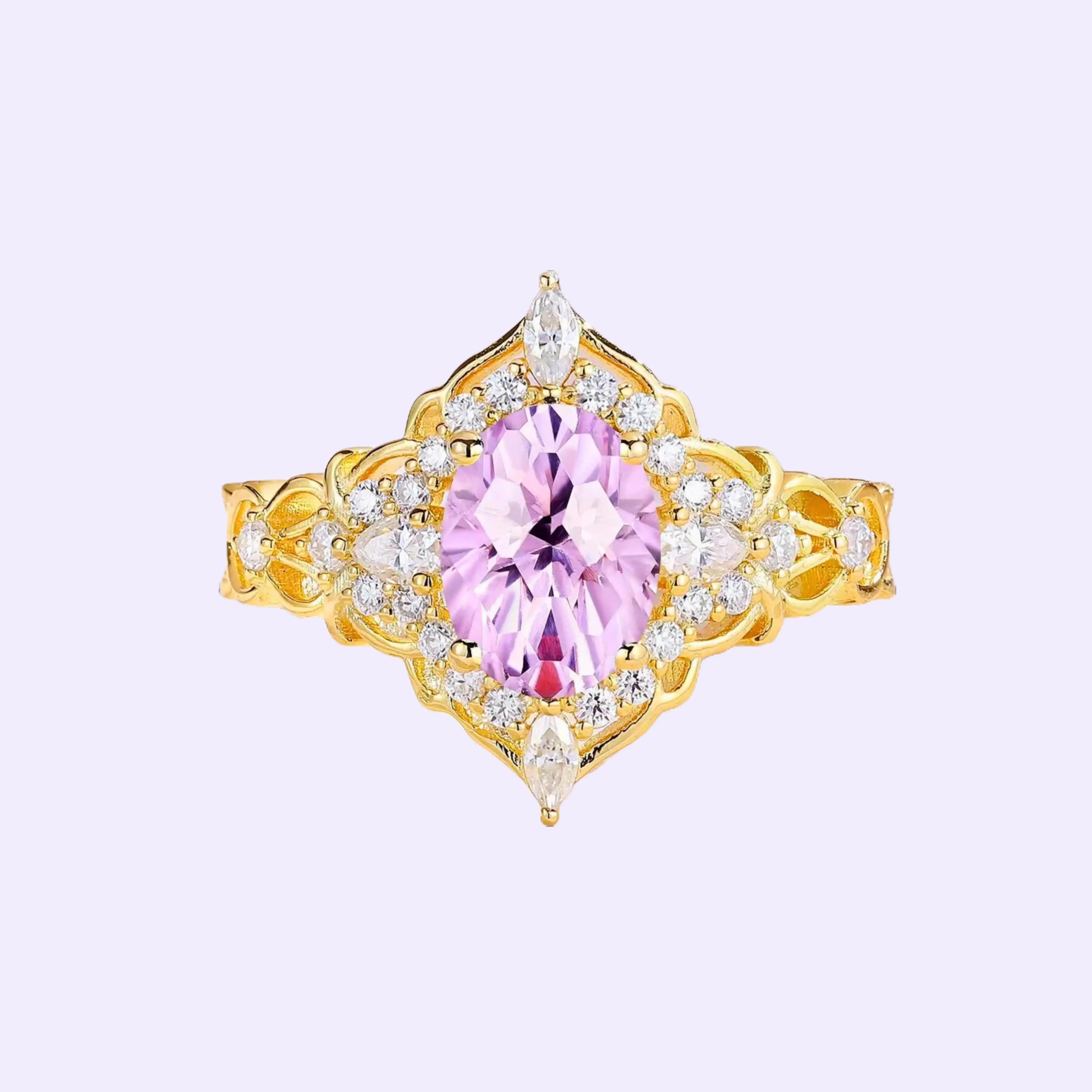Art Deco Pink Amethyst Firework Ring 14K Yellow Gold Moissanite Halo Celtic Vine — LA made to order 7-10 days pink amethyst engagement ring celtic vine gold moissanite halo february birthstone jewelry