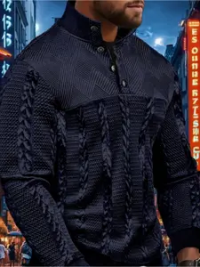 Men's Plain Stand Collar Pullover Sweatshirt, Vintage Button Long Sleeve, Casual Streetwear for Spring Fall Winter, Polyester Fiber