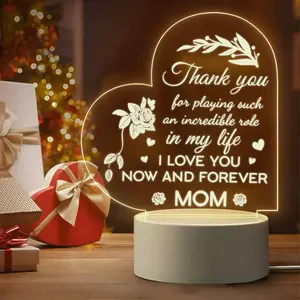 Thank You Mom Acrylic Heart Night Light, "I Love You Now and Forever" Quote LED Lamp, USB Powered Warm Glow Decorative Light, Sweet Sentimental Gift for Mom, Mother's Day, Birthday, Bedroom Home Decor