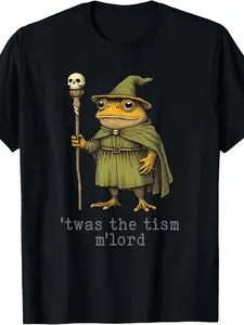 Men's Black T-Shirt, Featuring a Whimsical Cartoon-style Frog Wizard Design, Green Pointed Hat and Robe, Staff with Skull, Playful Graphic Tee, Perfect for Casual Wear and Expressing Unique Style, Comfortable Fit for Everyday Adventures